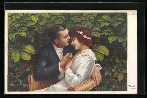 Künstler-AK Arno von Riesen: Junge Liebe, Pärchen im Garten