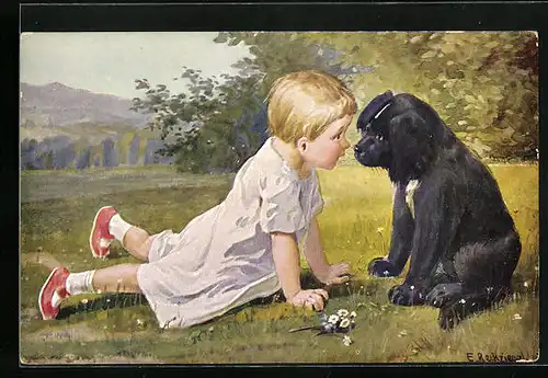 Künstler-AK Eduard Reckziegel: Kind spielt mit seinem Hund