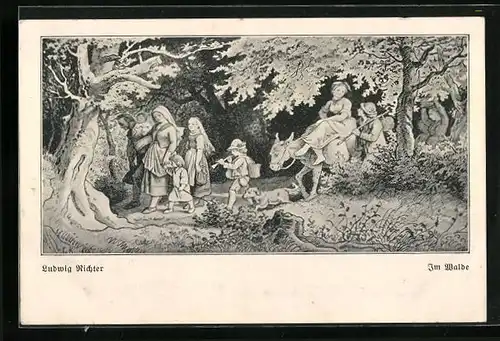 Künstler-AK Ludwig Richter: Männer und Frauen mit Kindern im Walde