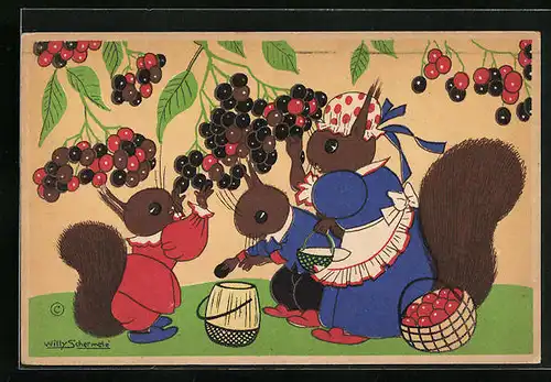 Künstler-AK Willy Schermele: Früchte für die Mahlzeit, Eichhörnchenmutter mit zwei Eichhörnchenkindern