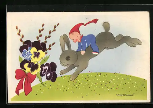 Künstler-AK Willy Schermele: Kind reitet auf einem Hasen, Stiefmütterchen