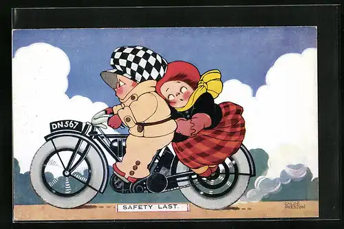Künstler-AK Chloe Preston: Safety last, Pärchen auf einem Motorrad