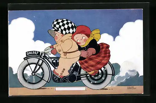 Künstler-AK Chloe Preston: Safety last, Pärchen auf einem Motorrad