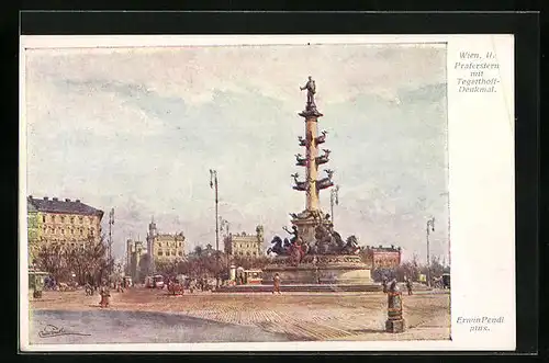 Künstler-AK Erwin Pendl: Wien, Praterstern mit Tegetthoff-Denkmal
