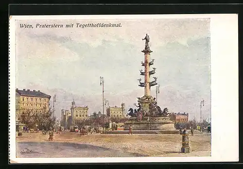 Künstler-AK Erwin Pendl: Wien, Praterstern mit Tegetthoffdenkmal