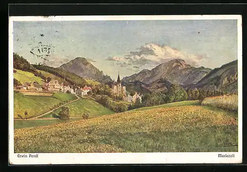 Künstler-AK Erwin Pendl: Mariazell, Teilansicht mit Kirche
