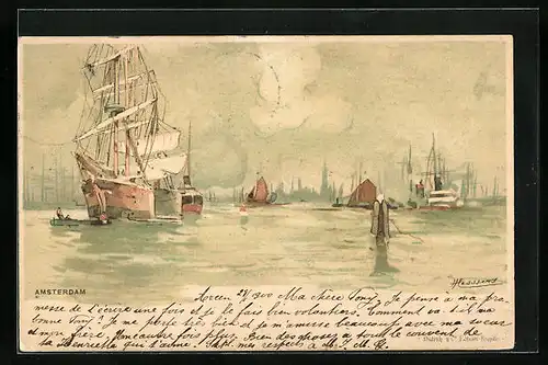 Künstler-AK Henri Cassiers: Amsterdam, Segelschiff im Hafen