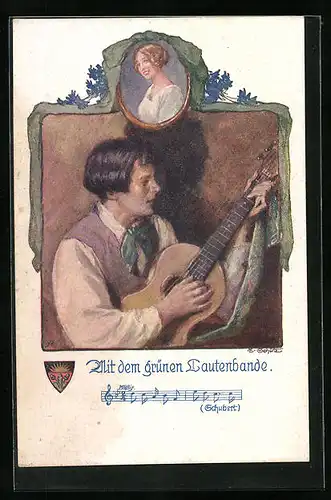 AK Deutscher Schulverein Nr. 696: Mit dem grünen Lautenbande, Schubert, Lied mit Noten