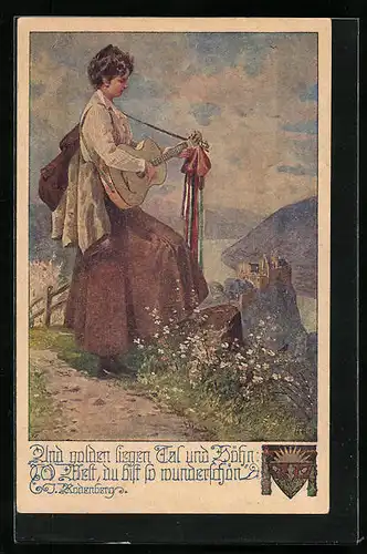 AK Deutscher Schulverein Nr. 1071: Und golden liegen Tal und Höhn..., Frau mit Gitarre
