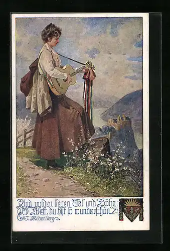 AK Deutscher Schulverein Nr. 1671: Und golden liegen Tal und Höhn..., Frau mit Gitarre