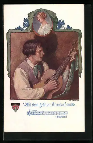 AK Deutscher Schulverein Nr. 696: Mit dem grünen Lautenbande, Schubert, Lied mit Noten