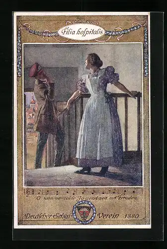 AK Deutscher Schulverein Nr. 92: Bote und Frau an der Treppe, O wonnevolle Jugendzeit mit Freuden, Lied mit Noten