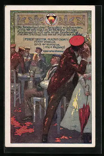 AK Deutscher Schulverein Nr. 240: Sich küssendes Paar und Studenten am Tisch