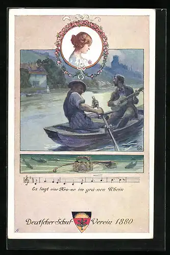 AK Deutscher Schulverein Nr. 91: Zwei Männer mit Gitarre im Boot, ES liegt eine Korne im grünen Rhein, Lied mit Noten