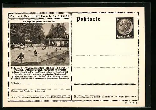 AK Badenweiler, Schwimmbad mit Besuchern, Ganzsache Lernt Deutschland kennen