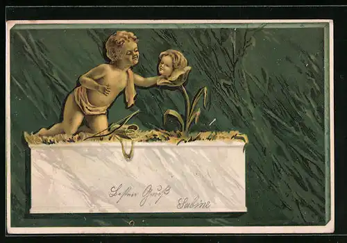 AK Amor mit Kind in einer Blume, Jugendstil