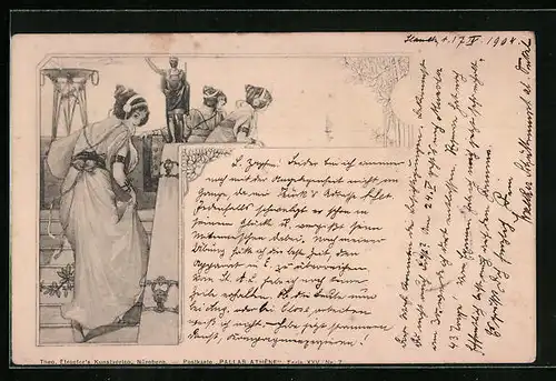 AK Römer und drei Frauen am Feuer, Jugendstil