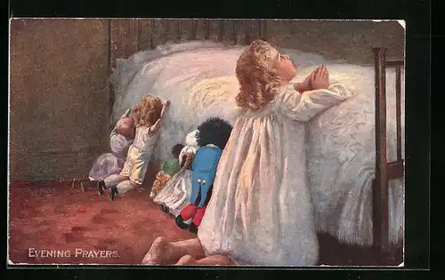 AK Evening Prayers, Betendes Mädchen mit Puppen