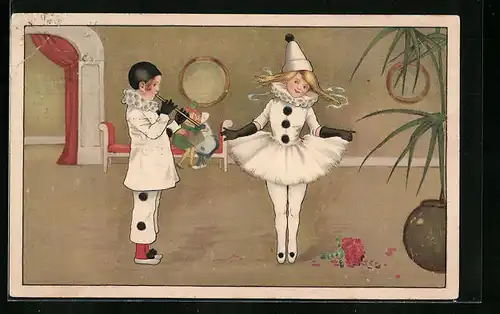 AK Pierrot mit Flöte und tanzende Pierrette