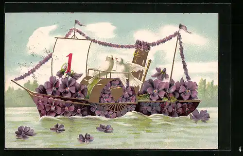 AK Schiff aus Blumen mit weissen Tauben und Kalenderblatt