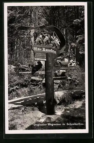 AK Origineller Wegweiser in Schreiberhau, Uf die Bauden