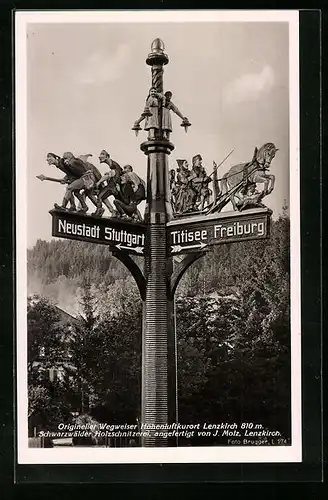 AK Origineller Wegweiser in Lenzkirch, geschnitzt von J. Molz