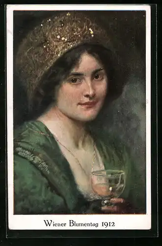 AK Wien, Blumentag 1912, Frau mit Weinglas