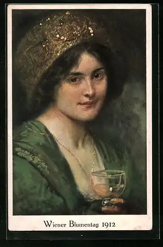 AK Wien, Blumentag 1912, Frau mit Weinglas