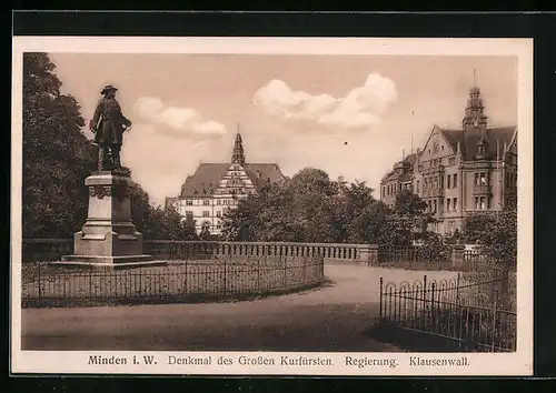 AK Minden i. W., Denkmal des Grossen Kurfürsten mit Regierung und Klausenwall
