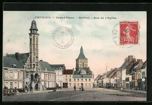 AK Orchies, Grand`Place, Beffroi, Rue de l`Eglise