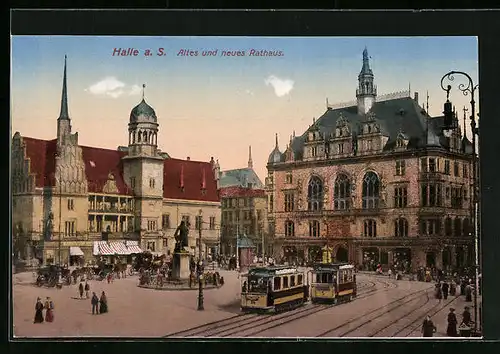 AK Halle a. S., Strassenbahnverkehr vor den Rathäusern