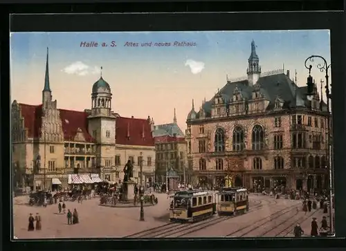 AK Halle a. S., Platz mit Strassenbahnverkehr