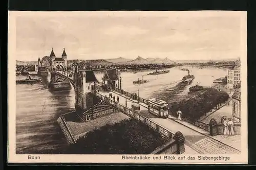 AK Bonn, Rheinbrücke mit Strassenbahn