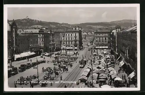 AK Linz a. d. D., Franz Josef-Platz mit Strassenbahn und Pöstlingberg