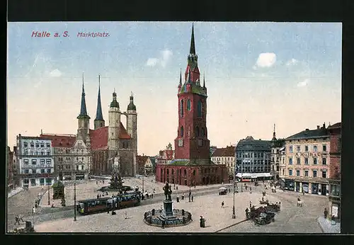 AK Halle a. S., Marktplatz mit Hotel, Kirche und Strassenbahn