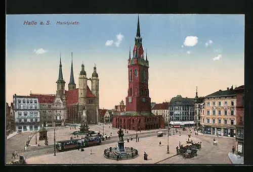 AK Halle a. S., Marktplatz mit Hotel, Kirche und Strassenbahn