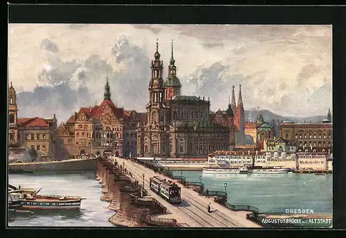 AK Dresden, Altstadt und Augustusbrücke mit Strassenbahn
