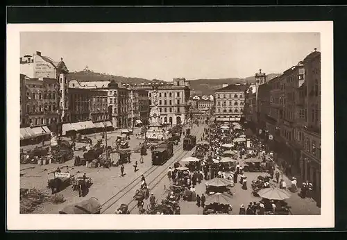 AK Linz a. d. Donau, Franz Josef-Platz mit Denkmal und Strassenbahn