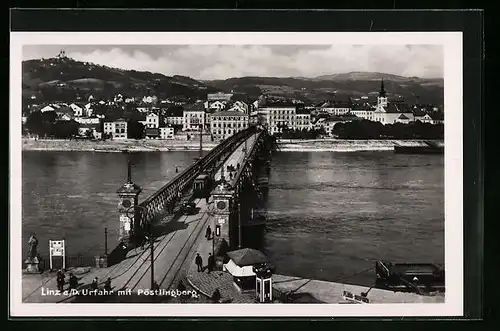 AK Linz a. D., Urfahr und Brücke mit Strassenbahn, Pöstlingberg