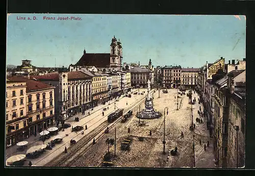 AK Linz a. D., Franz Josef-Platz mit Denkmal und Strassenbahn