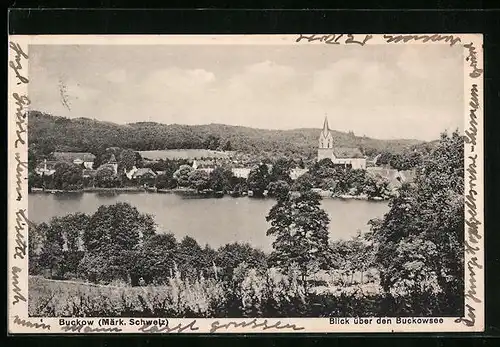 AK Buckow, Blick über den Buckowsee zum Ort mit Kirche