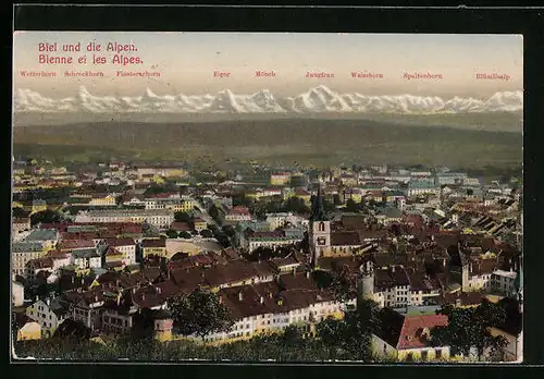 AK Biel, Ortsansicht und die Alpen