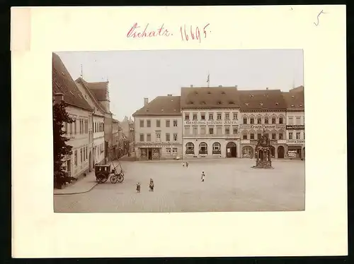 Fotografie Brück & Sohn Meissen, Ansicht Oschatz, Marktplatz mit Gasthaus Goldener Stern & Ladengeschäften