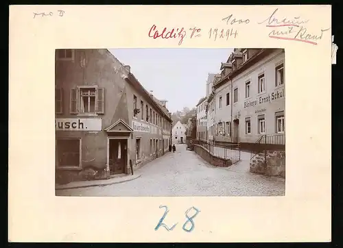 Fotografie Brück & Sohn Meissen, Ansicht Colditz, Haingasse mit Eckladen Busch & Bäckerei Ernst Schulze