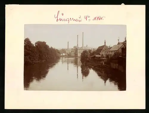 Fotografie Brück & Sohn Meissen, Ansicht Lunzenau, Fabrikgebäude an der Mulde, Reklameschild Karl Jäh Ansichtskarten