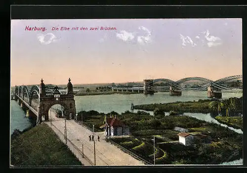 AK Harburg, Elbe mit zwei Brücken