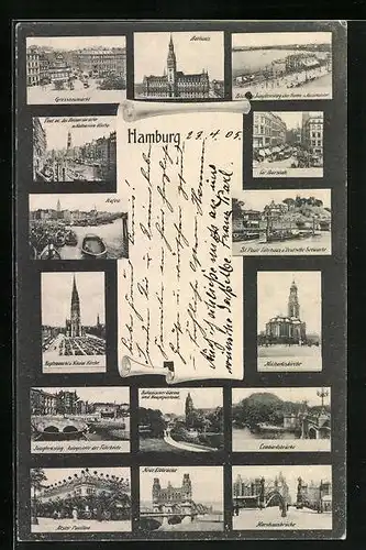 AK Hamburg, Ortsansicht mit Rathaus, Lombardsbrücke und Hafen