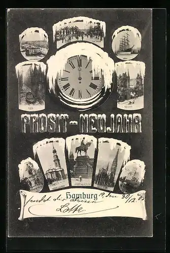 AK Hamburg, Neujahrsgrüsse mit Michaeliskirche und Hafen