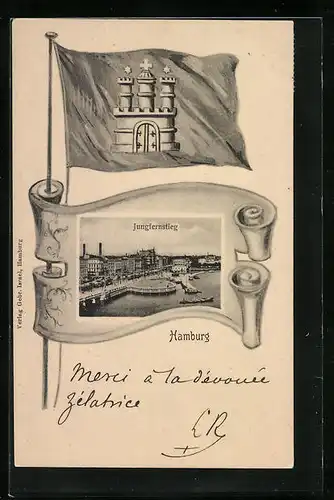 AK Hamburg-Neustadt, Jungfernstieg mit Fahne und Wappen