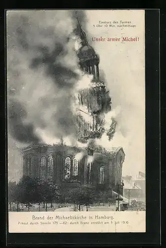 AK Hamburg-Neustadt, Brand der Michaeliskirche 1906 mit Einsturz des Turmes